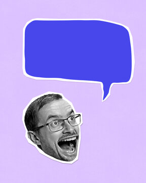 Contemporary pop art collage. Excited man with glasses under bold blue speech bubble on violet background. Concept of feedback, online, brand excitement and service joy, comment, opinion.