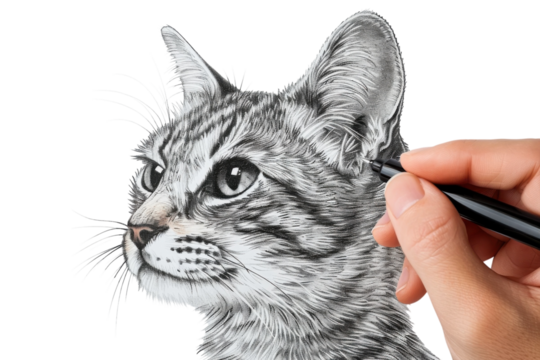 A detailed illustration of a tabby cat, skillfully created with fine pen techniques, showcasing artistic dedication and feline beauty isolated on transparent background