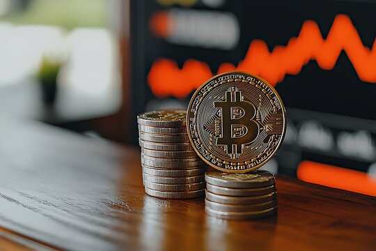 Bitcoin stacks, market graph background