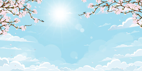 Spring Background,Sky blue,Cloud with Pink Cherry Blossom Branches Tree and Little Birds.Vector illustration Cute Natural spring landscape with Japanese sakura flower with copy space for Easter banner