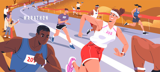 Happy runners challenge, jogging marathon, sprint in autumn. Joggers are rushing on road to success, win in competition. Diverse athletes are running in sport race in fall. Flat vector illustration