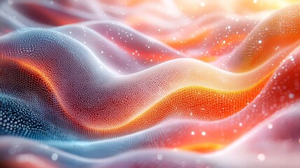 Abstract waves of vibrant colors and glowing particles, creating a dynamic and immersive digital landscape for modern design and technology themes.