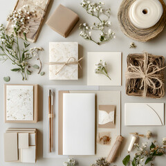 Rustic Gift Presentation: A carefully curated flat lay showcasing an array of organic gift wrapping elements, evoking a sense of earthy elegance and natural beauty.