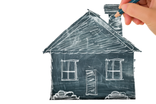 A creative hand drawing a charming house with window details and a chimney using a pencil on a blank background isolated on transparent background