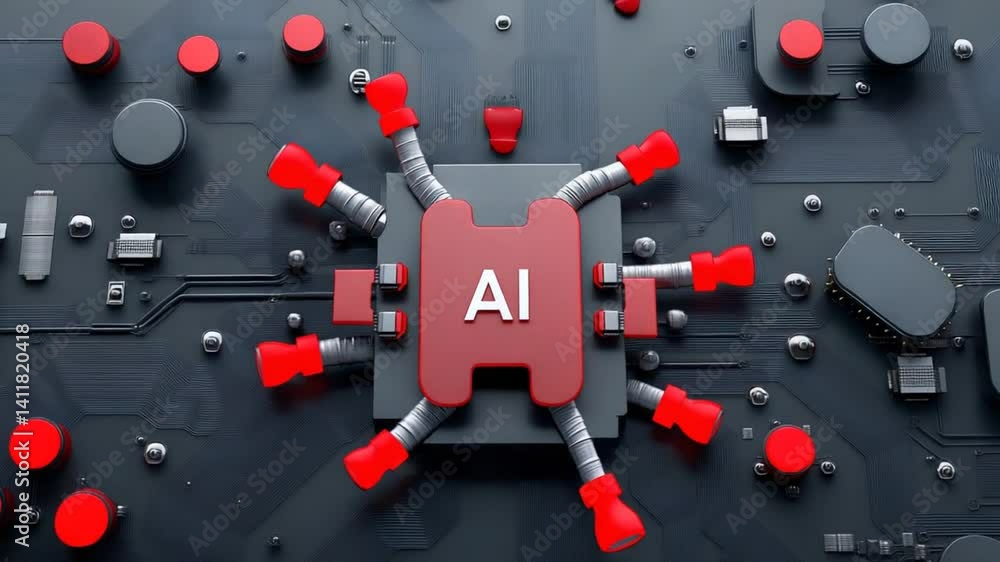 Poster futuristic technology representation featuring artificial intelligence concept with circuitry and re