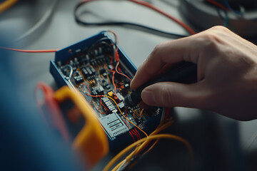 Electrician testing electrical circuits in a commercial building. Featuring technical skill and precision