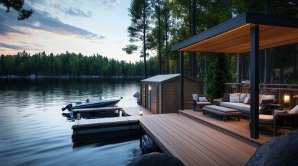 Fototapeta premium Lakeside cabin deck at sunset with boat, tranquil scene