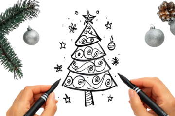 Creative hands drawing a whimsical Christmas tree surrounded by festive decorations during the holiday season isolated on transparent background