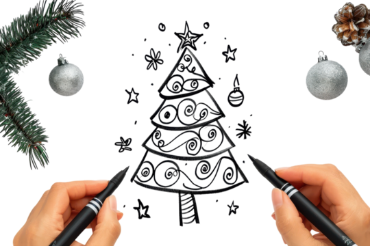 Creative hands drawing a whimsical Christmas tree surrounded by festive decorations during the holiday season isolated on transparent background