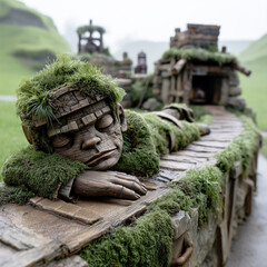 Moss-covered wooden troll or earth spirit figure lying dormant on an ancient structure.