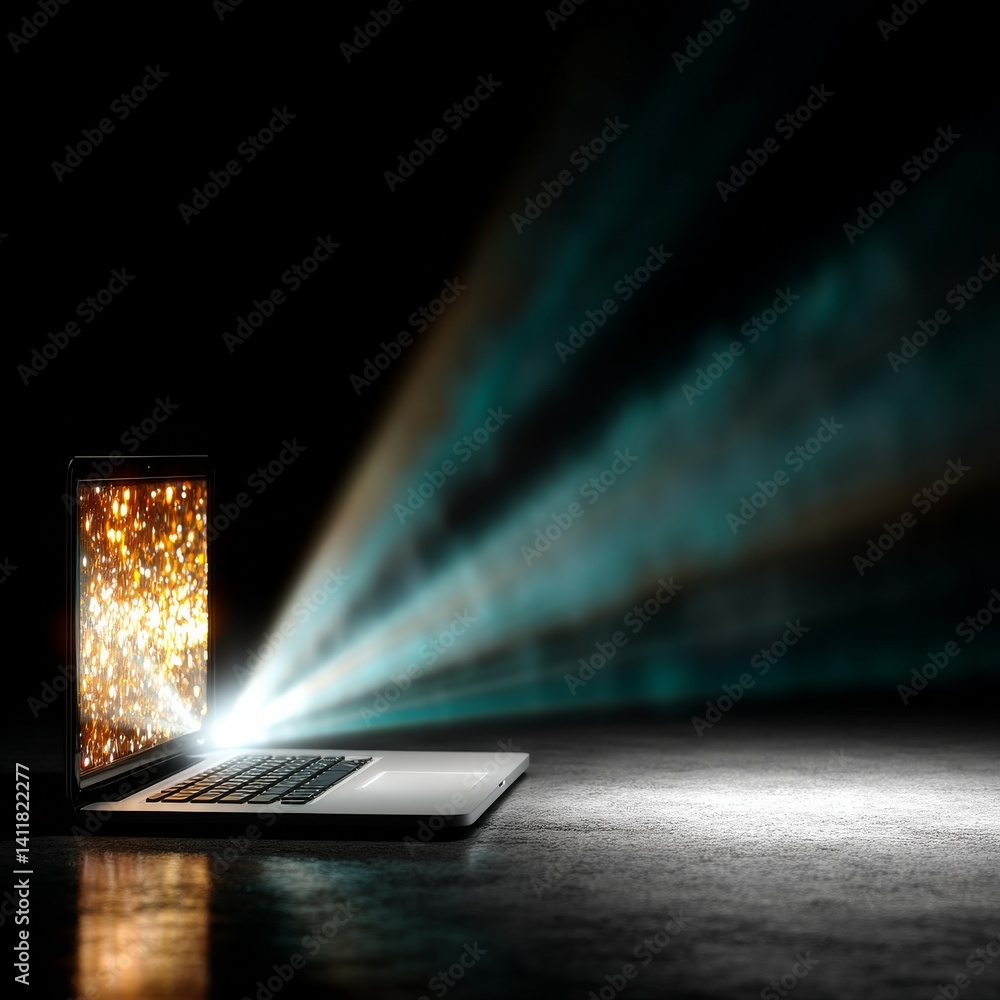 Poster laptop emanating light: a portal to innovation and creativity in a dark setting, technology empoweri
