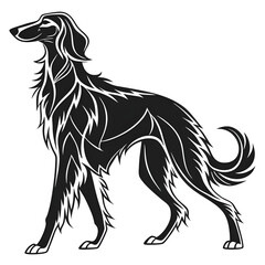 Stylized black illustration of a dog, showcasing intricate lines and bold contrasts