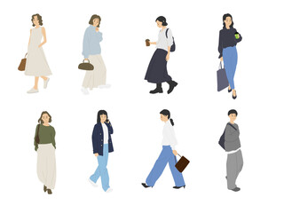 Fototapeta premium Collection of Walking Women - Set of vector illustrations featuring people walking with different styles:holding a coffee, carrying a bag, talking on the phone, and more.