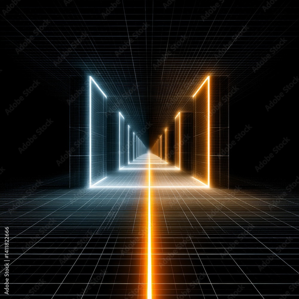 Poster neon tunnel of color: a futuristic perspective of glowing rectangles on a gridded plane