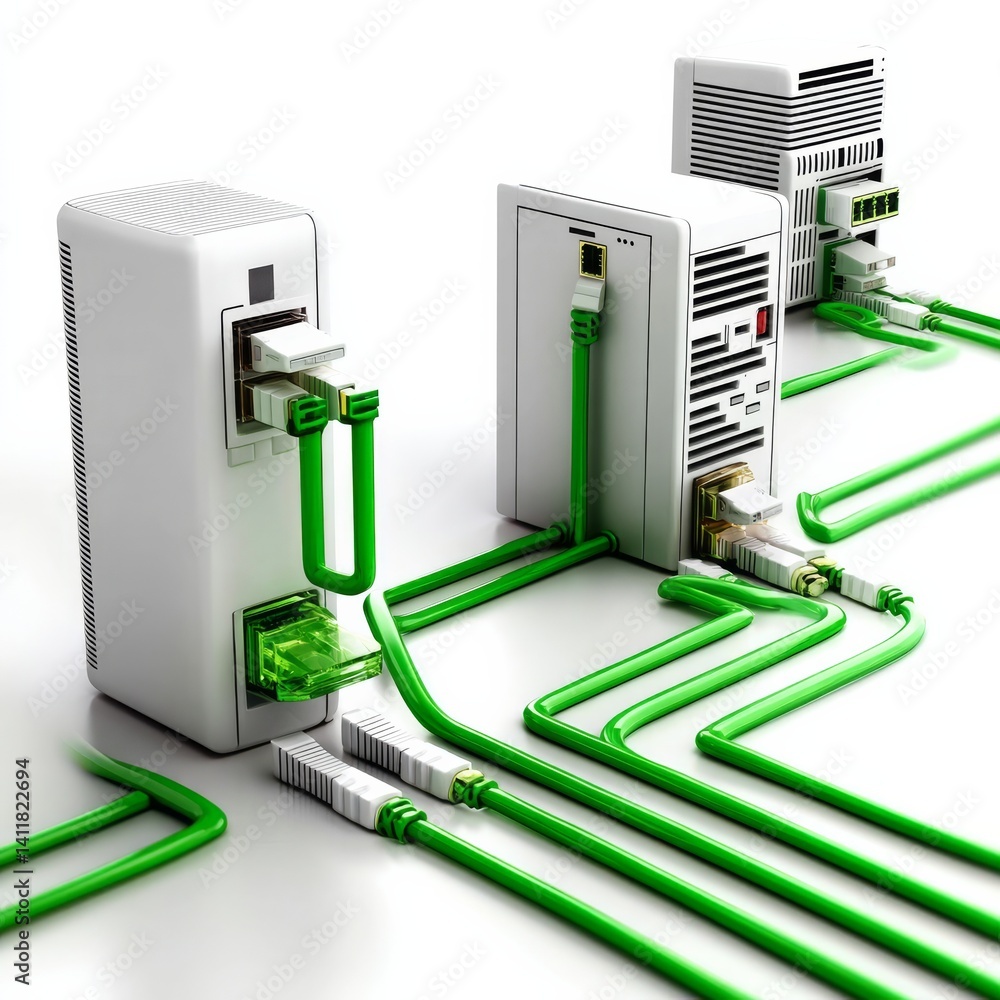 Poster network connectivity: green cables interconnected to white modern devices, data transmission and com