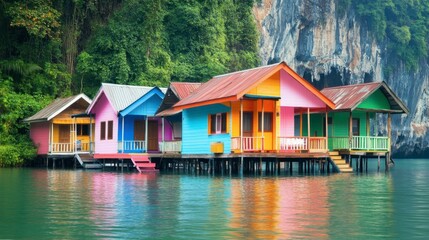 Fototapeta premium Serene lake in Khao Sok National Park with floating bungalows and mist-covered limestone cliffs.