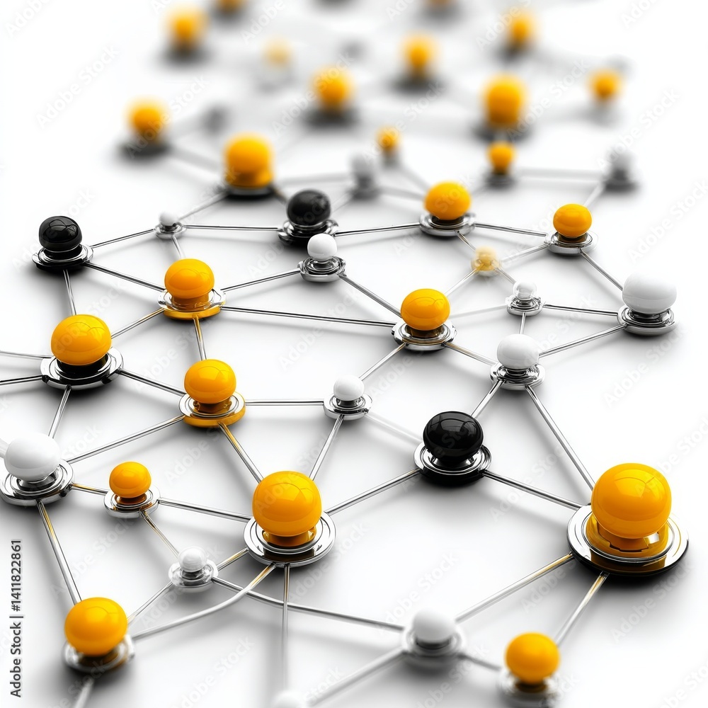 Poster network structure with connecting nodes and silver rods on a white background, conceptual design