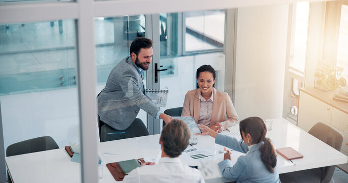 Office, business people and meeting with portfolio for investment, financial proposal and teamwork. Collaboration, employees and stakeholder with document for report review, accounting firm and above