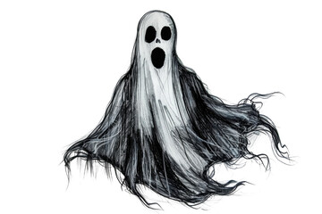 An eerie spectral figure emerges, haunting the shadows with its ghoulish presence and flowing, ethereal form on a cloudy night isolated on transparent background