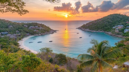 Obraz premium Sunset over the tranquil sea at Koh Tao, with palm trees framing the horizon in warm tones