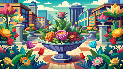 Fototapeta premium Colorful flower arrangements line a busy city square, adding charm to the concrete.