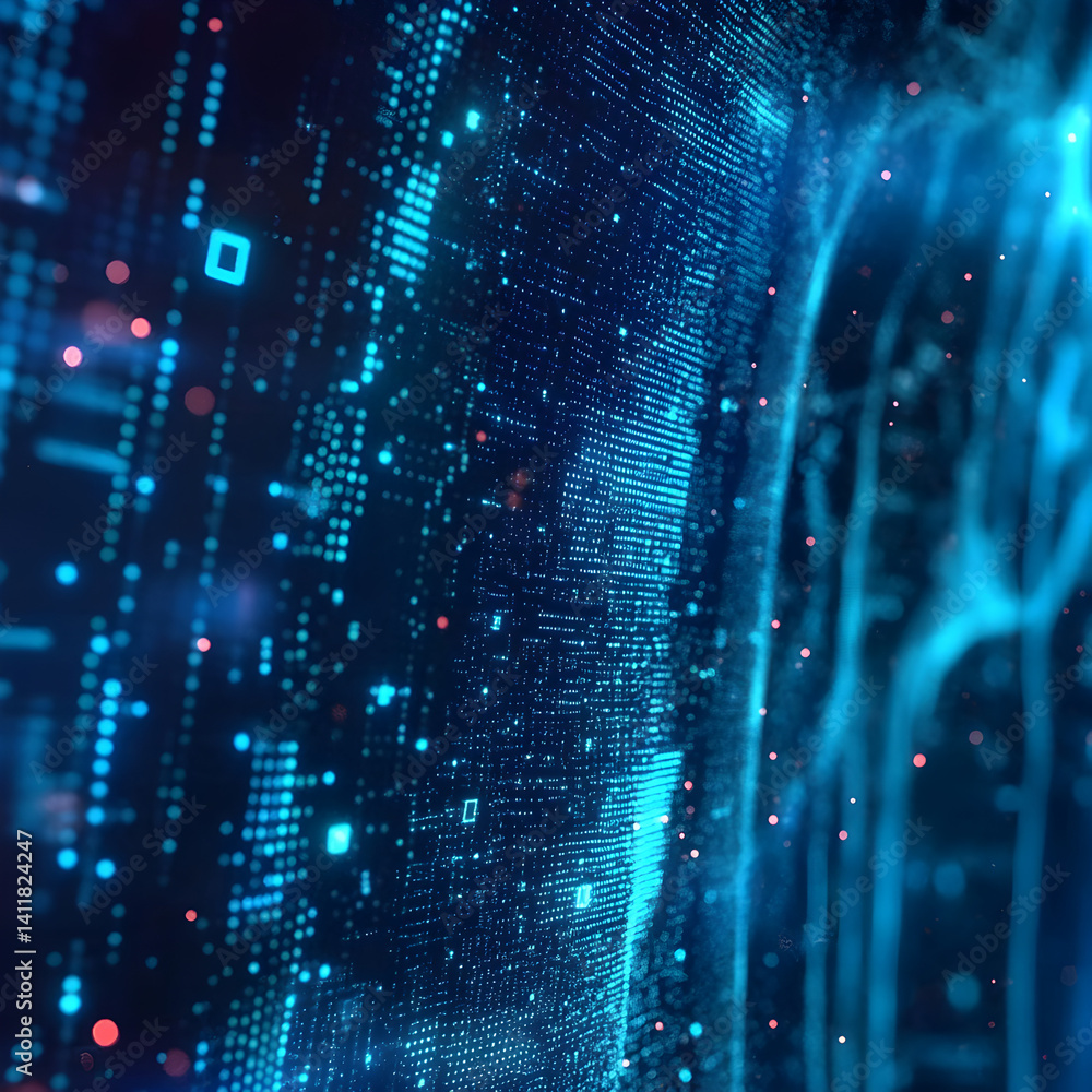 Poster digital data stream: abstract visualization of a futuristic digital data stream, showcasing a comple