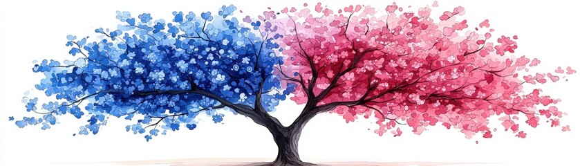 Colorful tree with blue and pink blossoms showcasing artistic nature and vibrant design elements