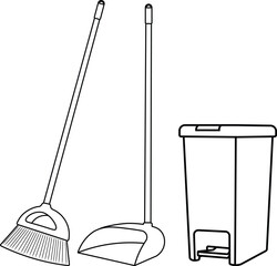 Outline Illustration of Cleaning Tools, Minimalist Broom, Dustpan, and Bin.