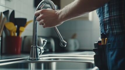 Plumber replacing faucet handle. Indoor kitchen