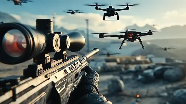 Military sniper aiming at drones in a desert landscape
