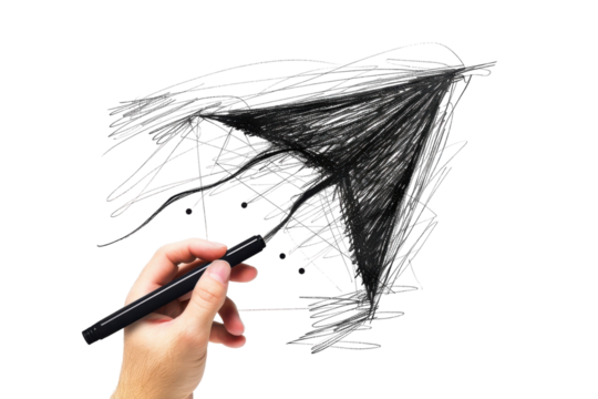 A hand skillfully draws an abstract black umbrella with swirling lines on white paper, creating a unique artistic representation isolated on transparent background