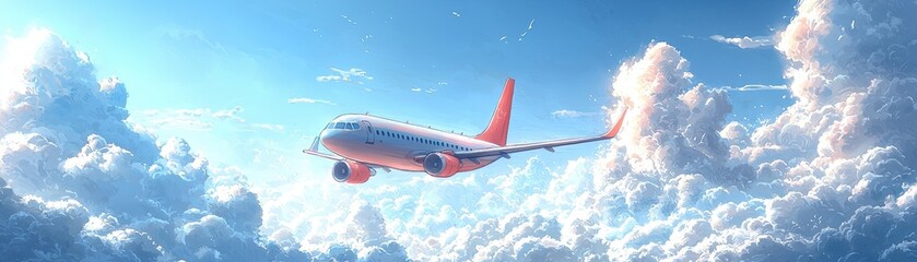 Fototapeta premium Airplane Flying Above Fluffy White Clouds under Bright Blue Sky in Daylight