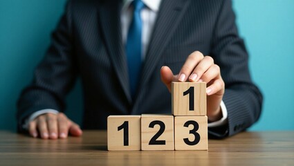 Obraz premium Businessperson Arranging Numbered Wooden Blocks: A Minimalist Achievement Image