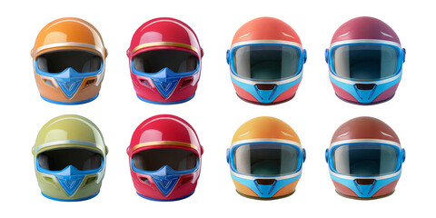 Colorful Racing Helmets Arrangement for Sports and Adventure Themes, isolated on transparent background