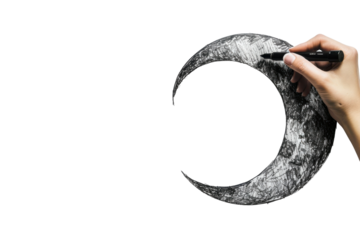 A hand skillfully sketches a crescent moon against a blank canvas in dim light, capturing the essence of creativity and artistry isolated on transparent background