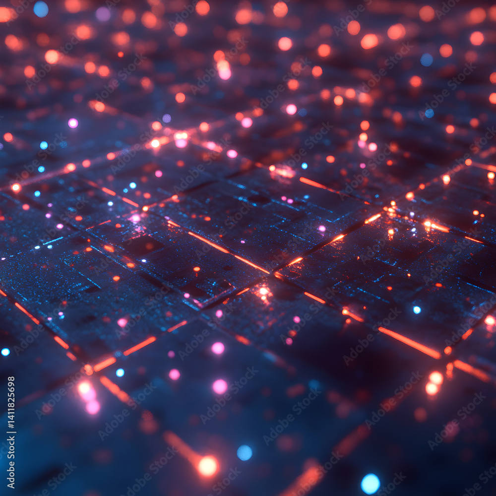 Poster cybernetic symphony: a mesmerizing digital landscape with luminous red and blue nodes pulsates acros