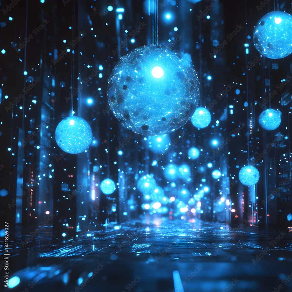 Poster illuminated spheres in cyber space: a mesmerizing digital artwork transports viewers to an ethereal 