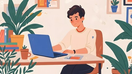 Young man studying in front of computer. Flat design illustration. Isolated background