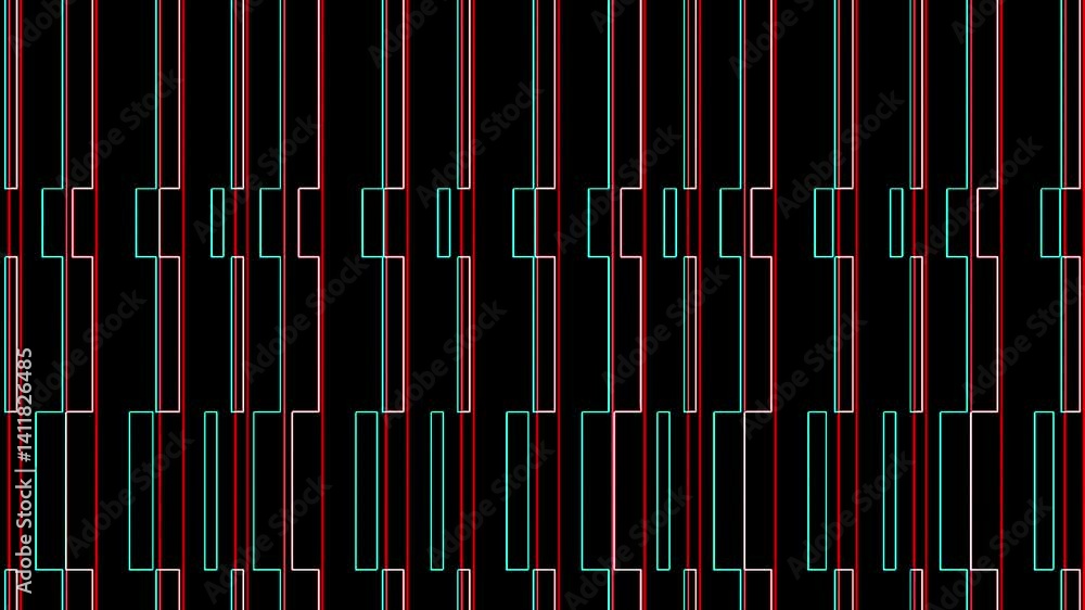 Poster multi colored thin vertical lines with distortion and glitch effects animation on a black background