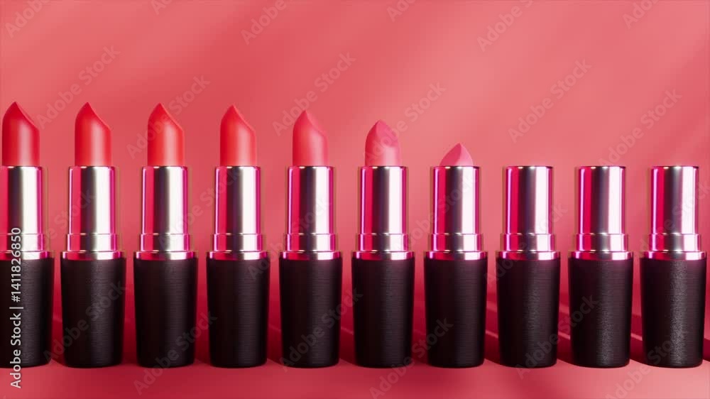 Poster lipstick tubes aligned in precise rows, creating gradient progression from deep to light tones again