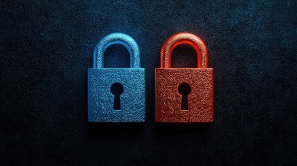 Fototapeta premium Colorful blue and red padlocks representing security, protection, and privacy on dark textured background