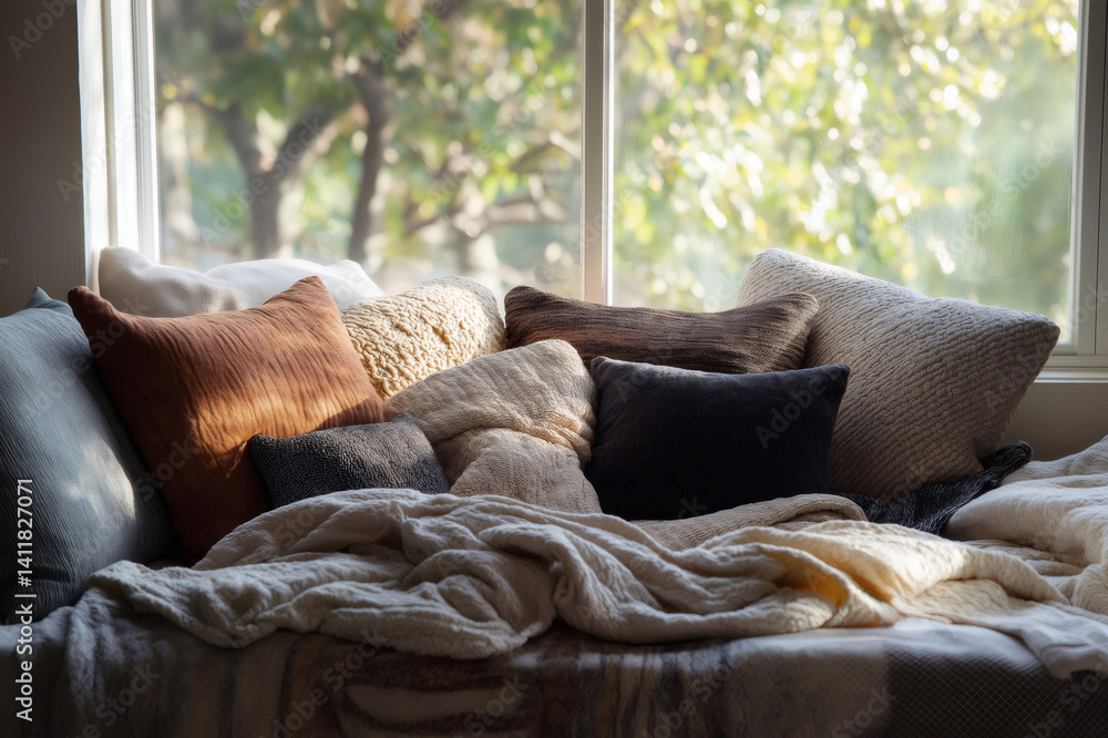 Poster cozy daybed scene with mix of textured pillows and blankets, illuminated by sunlight streaming throu