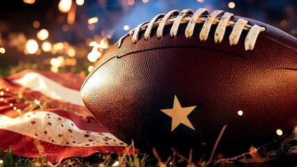 A football sitting on top of a field next to an American flag - Powered by Adobe