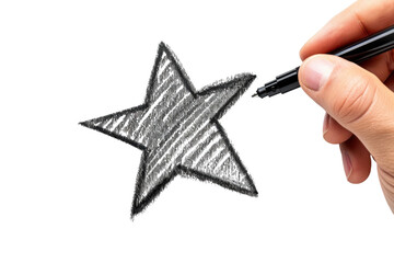 Creating a bold star design with a black pen on crisp white paper in a cozy indoor setting isolated on transparent background