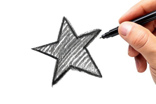 Creating a bold star design with a black pen on crisp white paper in a cozy indoor setting isolated on transparent background