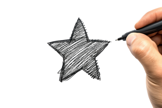 A hand sketches a bold star shape on paper using a fine-tipped pen, capturing creativity in a moment of artistic expression isolated on transparent background