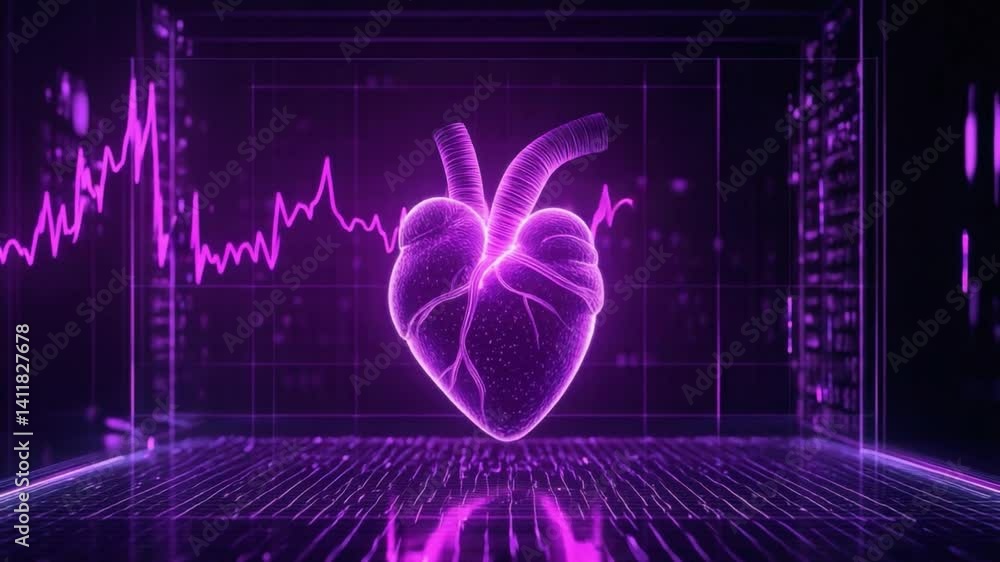 Aufkleber neon heart image with pulsating electrocardiogram on digital background, representing health technol