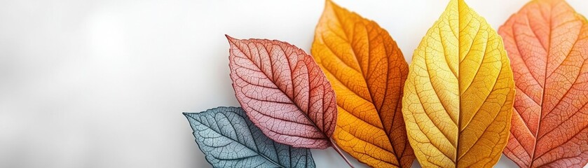 Obraz premium Colorful Autumn Leaves in Shades of Orange, Yellow, Red, and Blue on a Soft Background