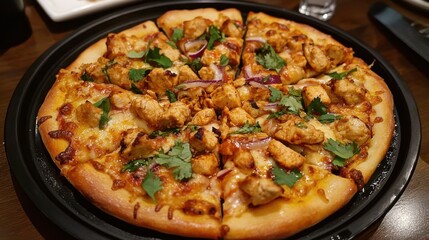 A delicious chicken pizza with melted cheese on a black plate, presenting a savory and satisfying meal.