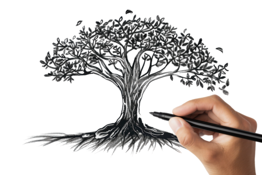 Creating a masterpiece: A hand sketches a detailed tree with intricate branches and leaves on blank paper during a bright afternoon isolated on transparent background